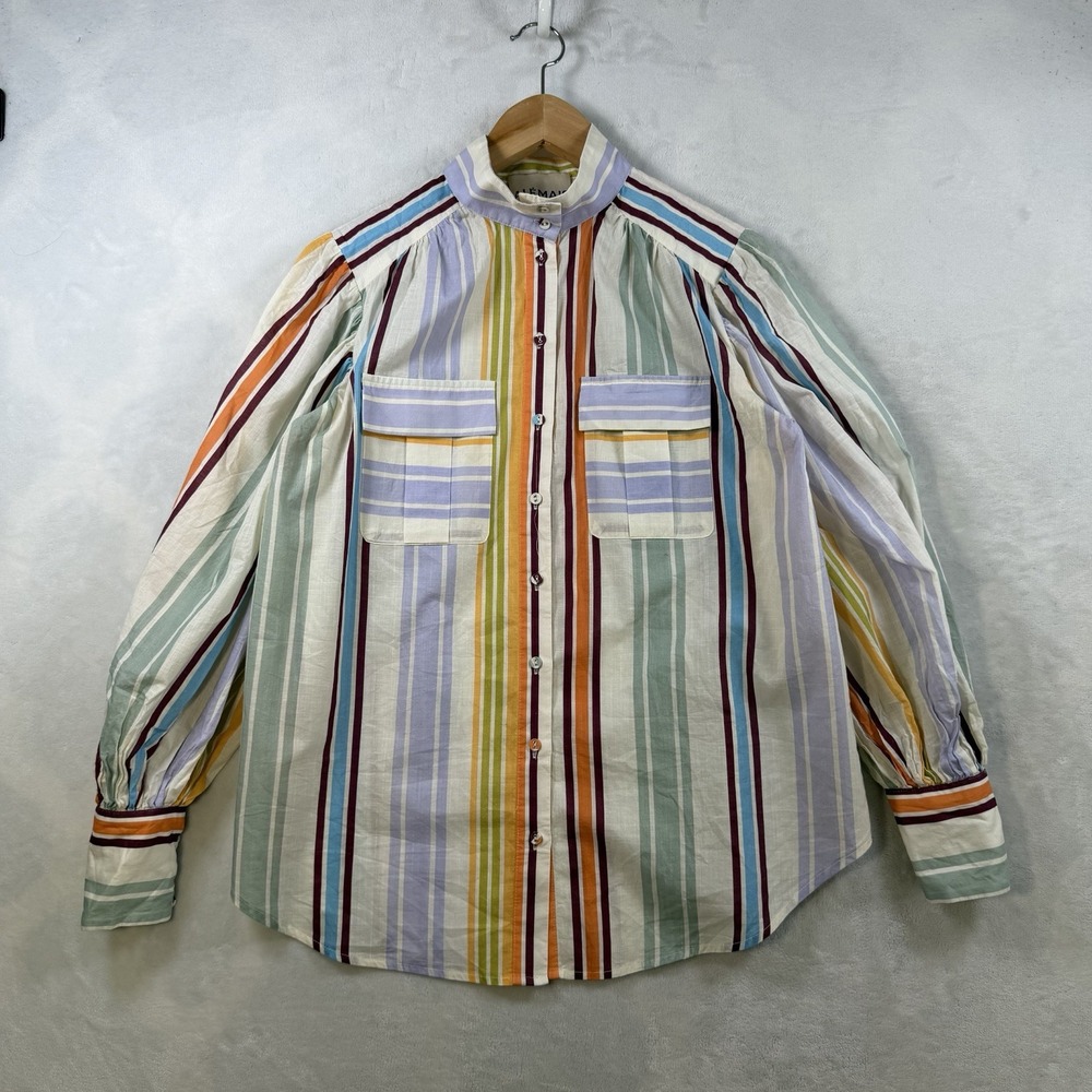 Alemais Women's Axum Shirt Button Up Balloon Sleeve Organic Cotton Striped Sz 6